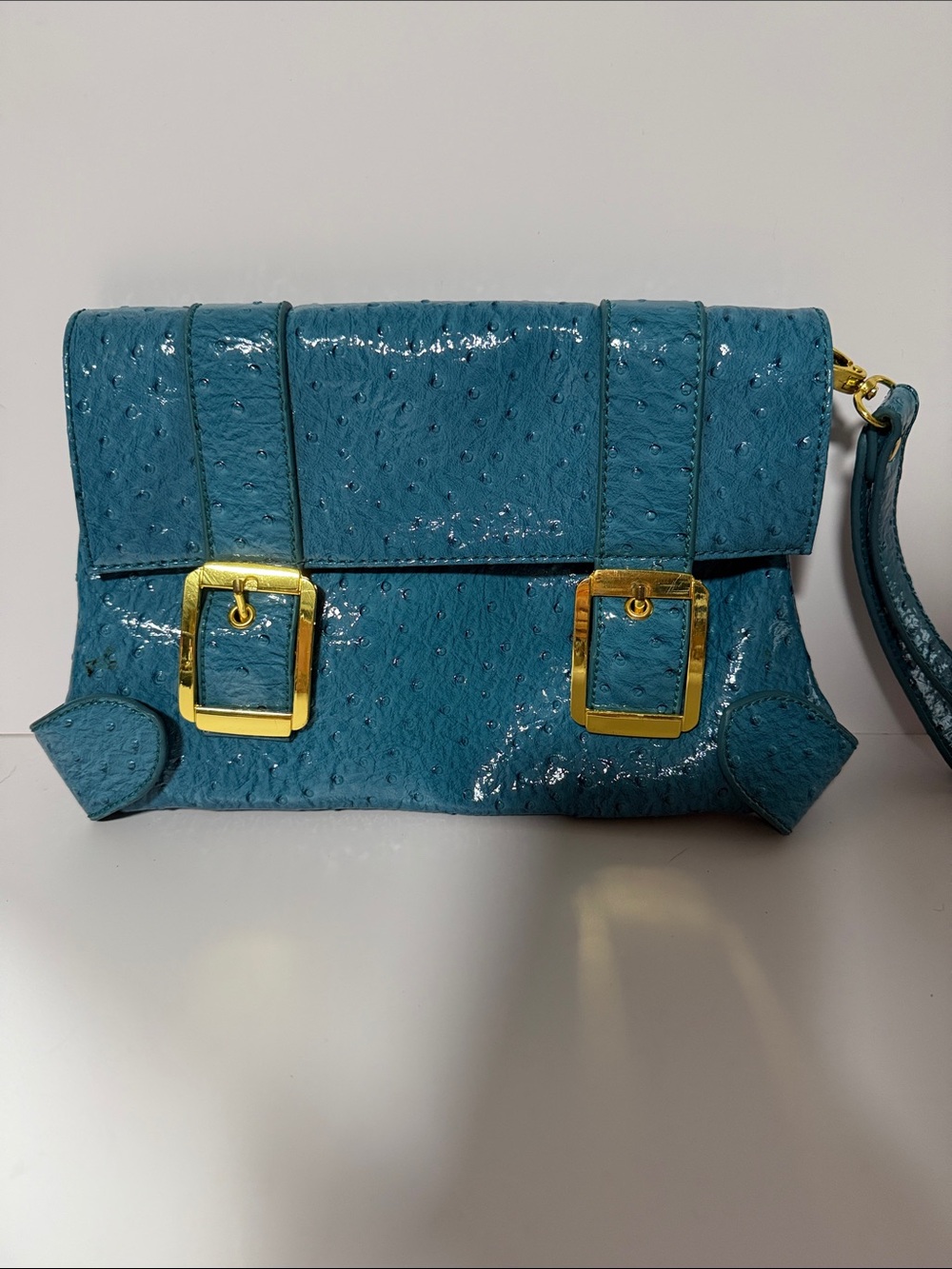 UE Teal Patent Wristlet Clutch with Gold Buckles